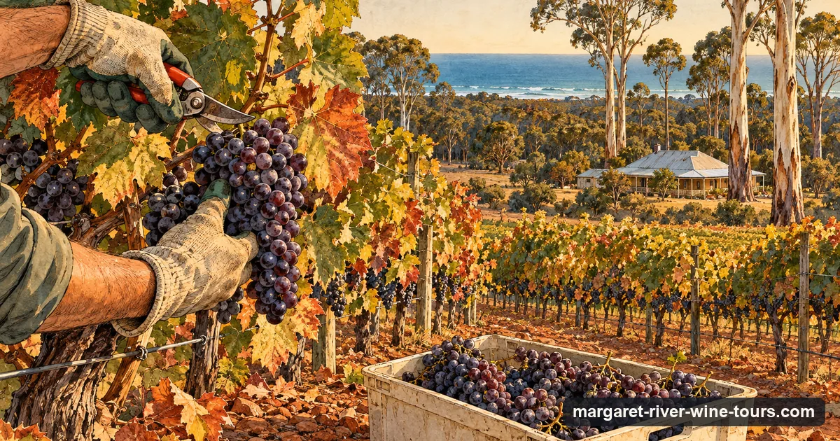 Illustration of hands picking a bunch of dark grapes into a crate during the autumn harvest in a vineyard