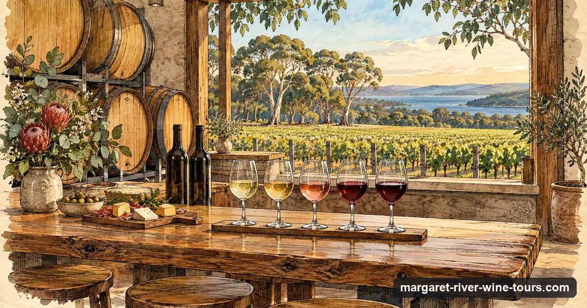 Illustration of a cellar door tasting bench with five wine glasses, unlabelled bottles and oak barrels, vines through the window