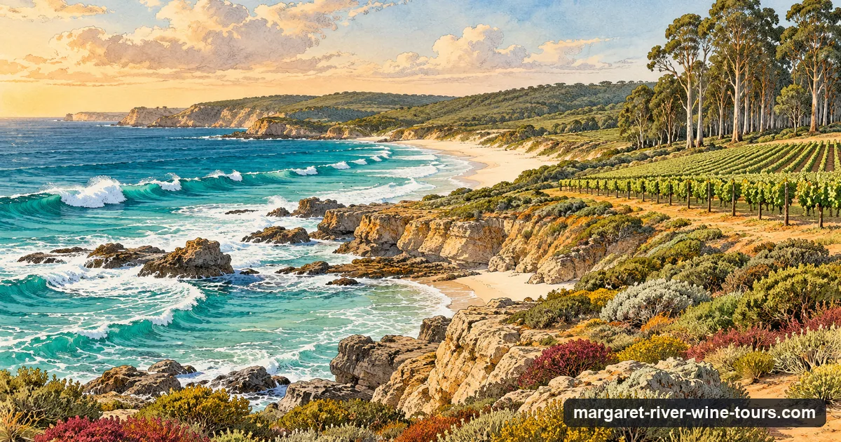 Illustration of the Margaret River coast with surf on limestone rocks and a vineyard and karri trees inland