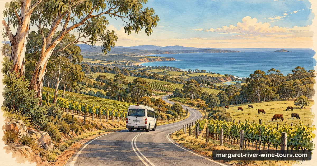 Illustration of a tour minibus on a country road through vineyards heading south towards the coast