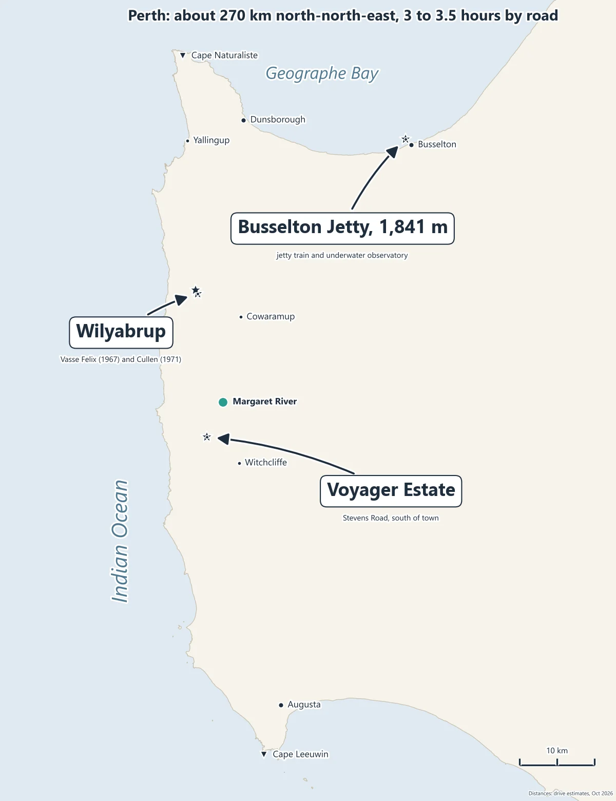 Map of the Margaret River wine region from Cape Naturaliste to Cape Leeuwin, with Busselton, Dunsborough, Cowaramup, Margaret River town and the Wilyabrup wineries