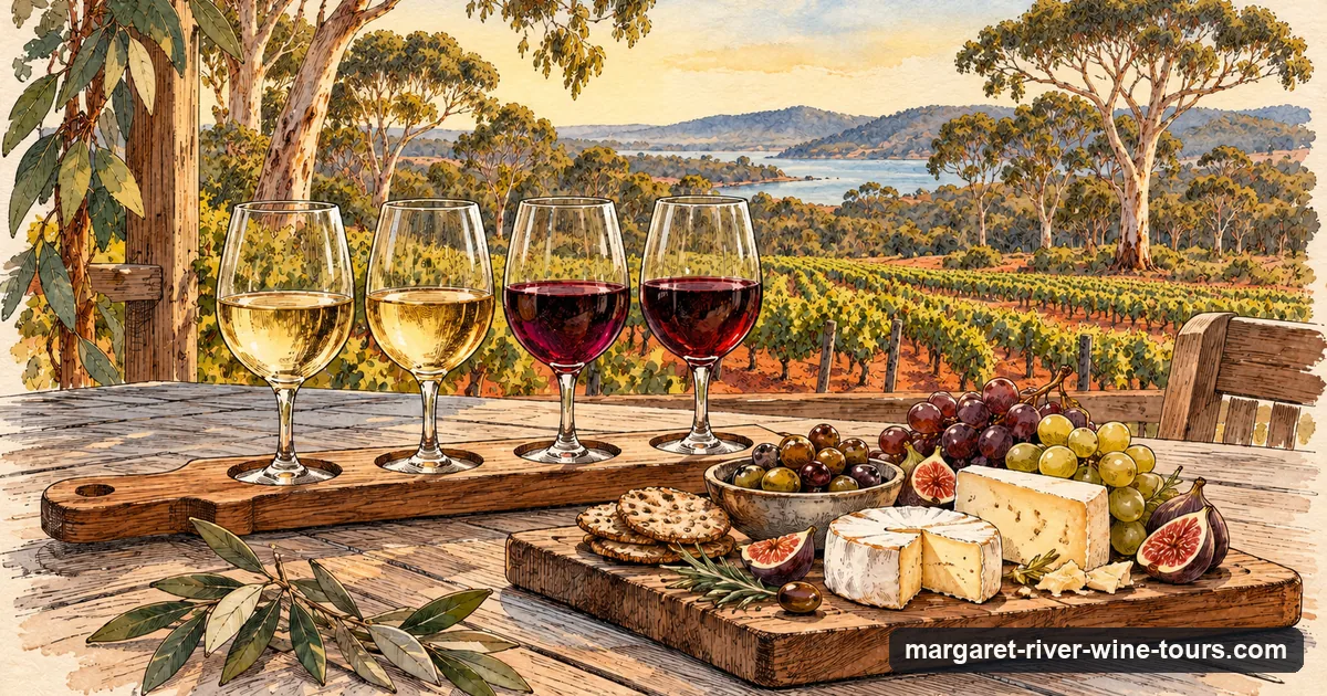 Illustration of a wine tasting paddle with four glasses beside a cheese and olive grazing board on a vineyard veranda
