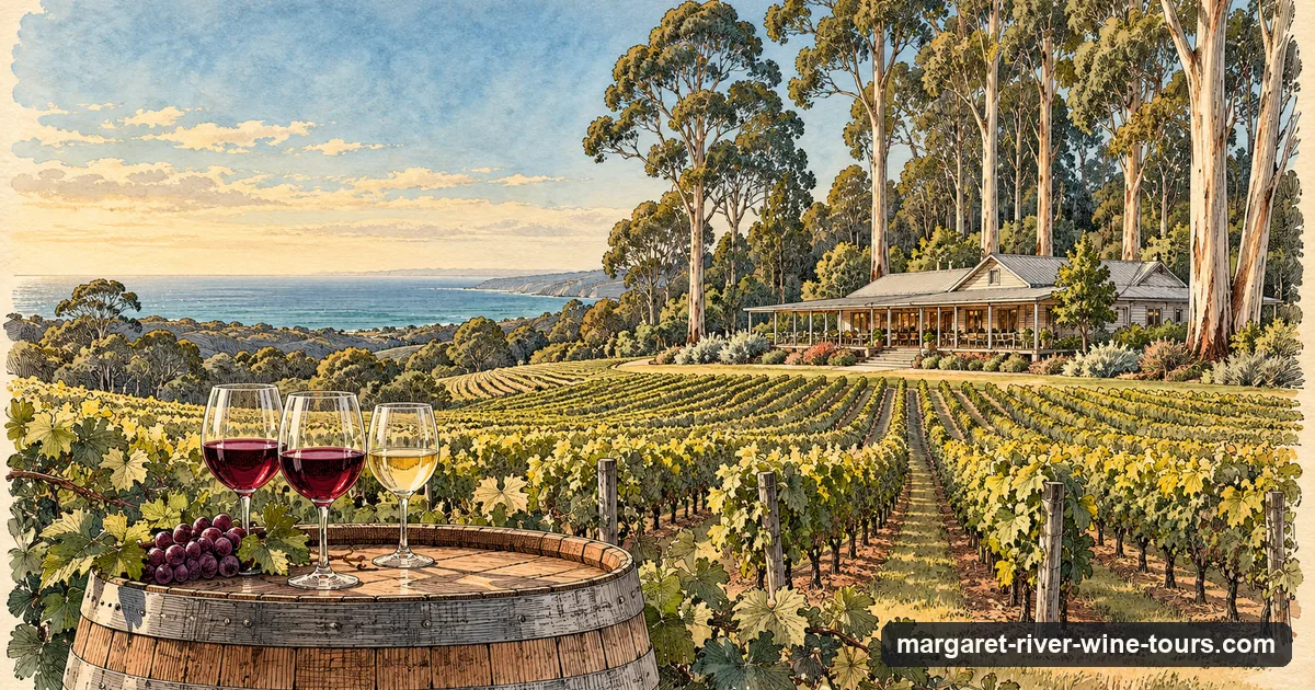 Illustration of a Margaret River vineyard with rows of vines, a cellar door under tall karri trees and glasses of red and white wine on a barrel