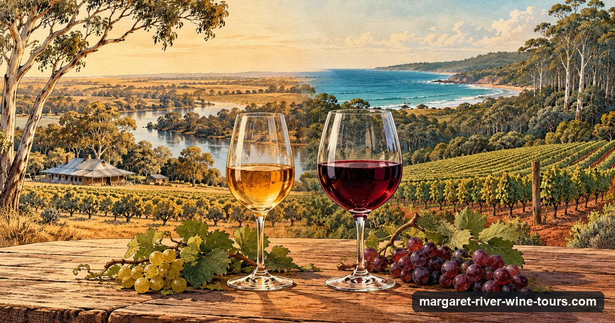 Illustration of two wine glasses, a golden fortified wine against a sunny river valley and a red Cabernet against vineyards and karri forest